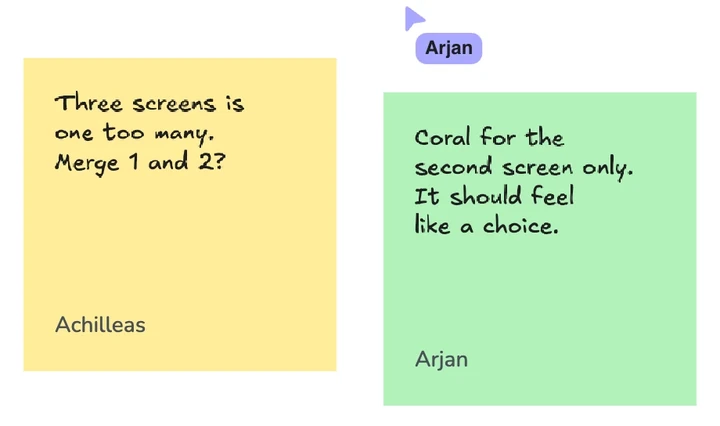 Two sticky notes signed Achilleas and Arjan, with Arjan's live cursor on the board above them