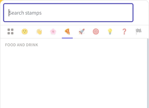 The stamp picker, open on the food and drink category, with a search box above it