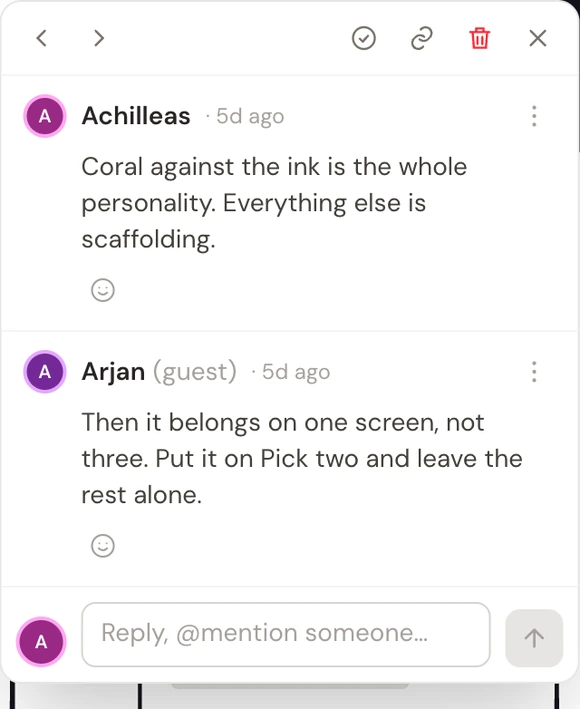 A comment thread on the board: Achilleas saying the coral against the ink is the whole personality, and a reply from Arjan, marked as a guest, disagreeing