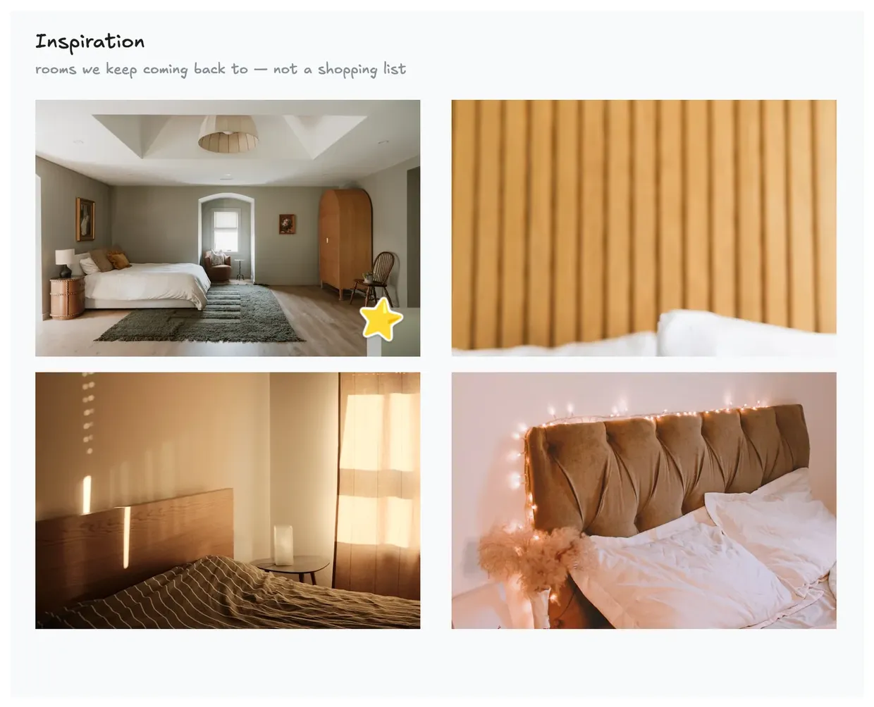 An inspiration area of four bedroom photographs, one of them carrying a star stamp