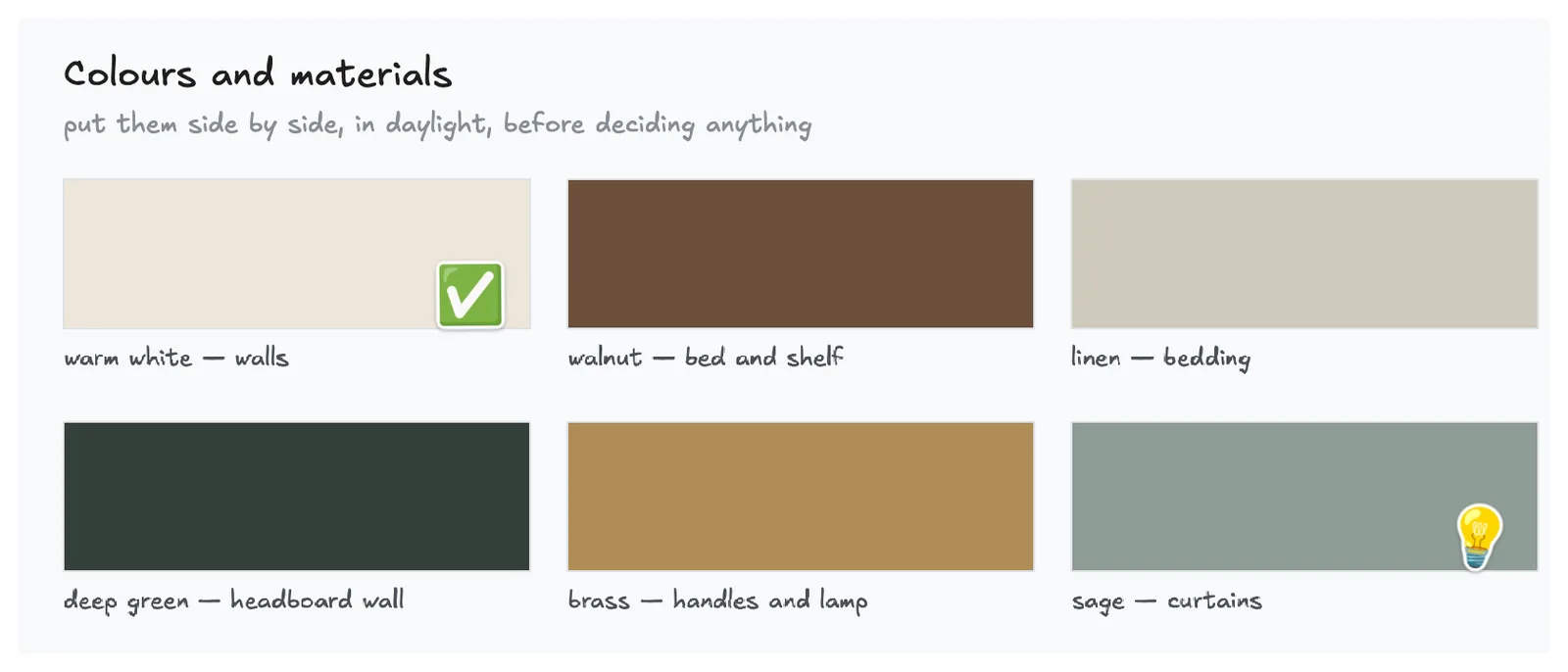 Six colour and material swatches with labels: warm white, walnut, linen, deep green, brass and sage. One carries a tick stamp and one a light bulb