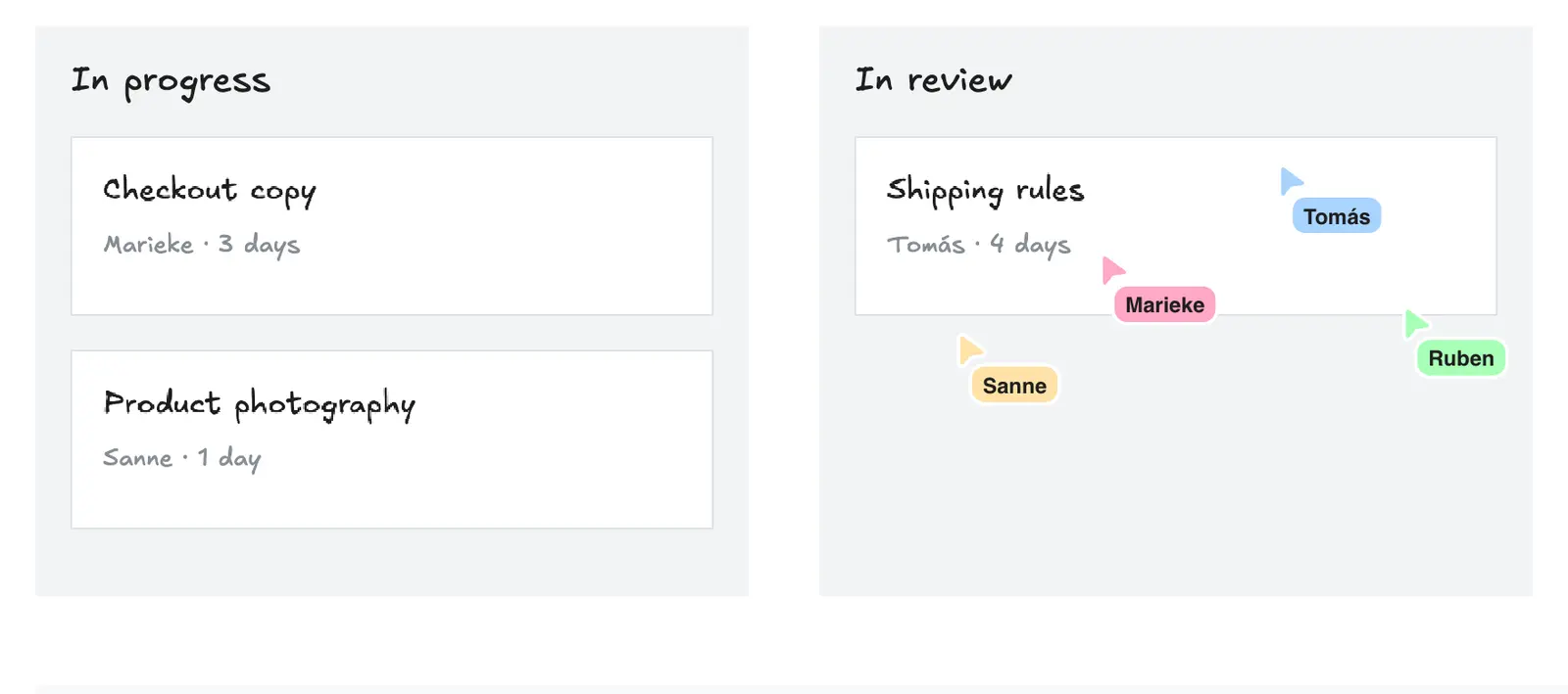 Four named cursors — Tomás, Marieke, Sanne and Ruben — gathered on a single card called Shipping rules