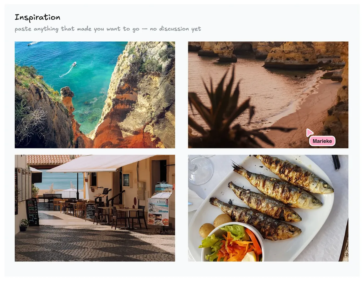 An inspiration area holding four photographs of the Algarve coast, a town street and a plate of grilled sardines