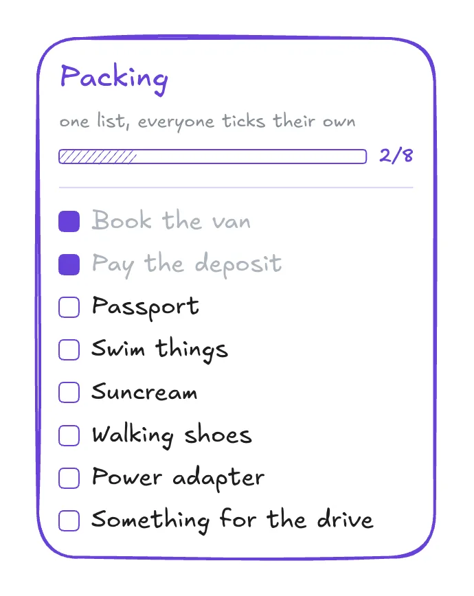 A packing checklist with a progress bar reading 2 of 8, two items ticked and struck through, six still open