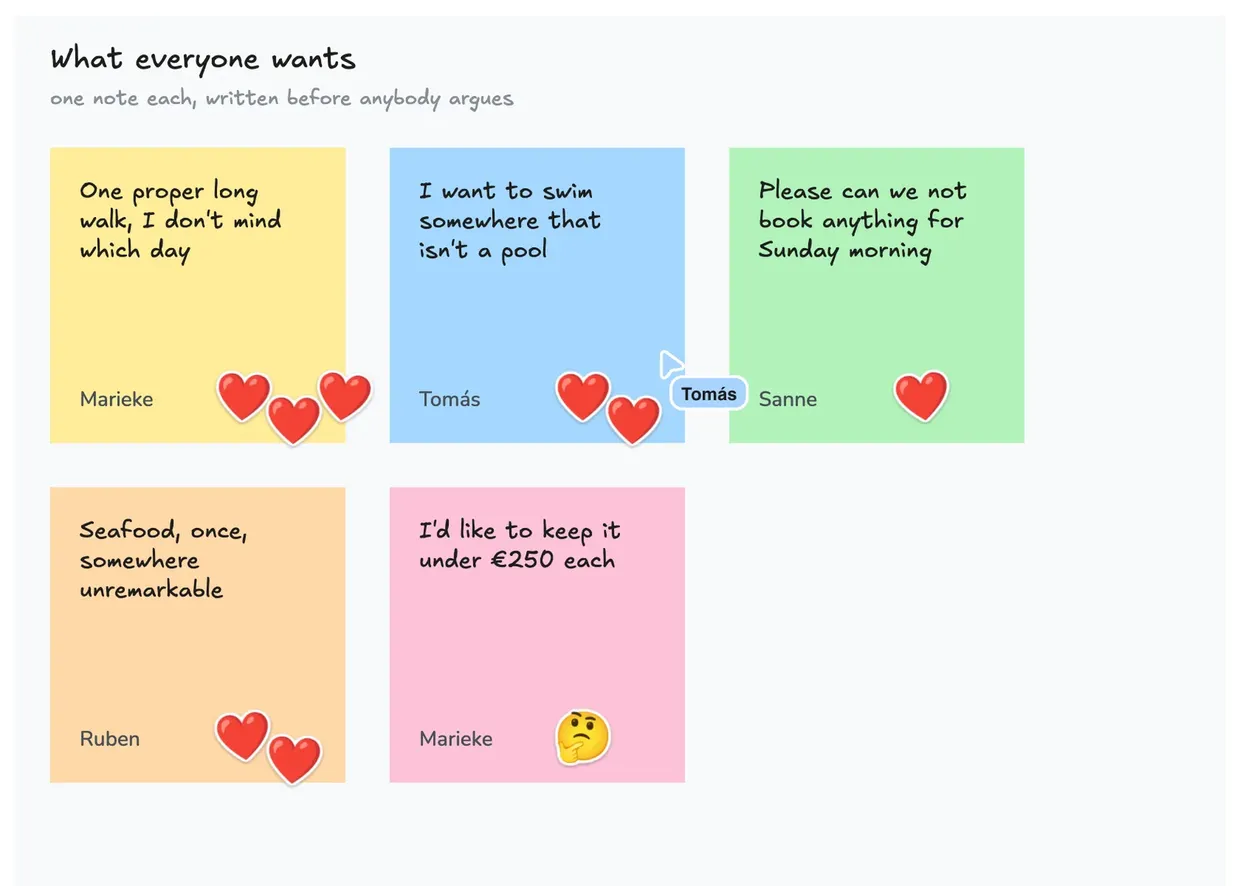Five sticky notes in different colours, each signed with a name and carrying red heart stamps
